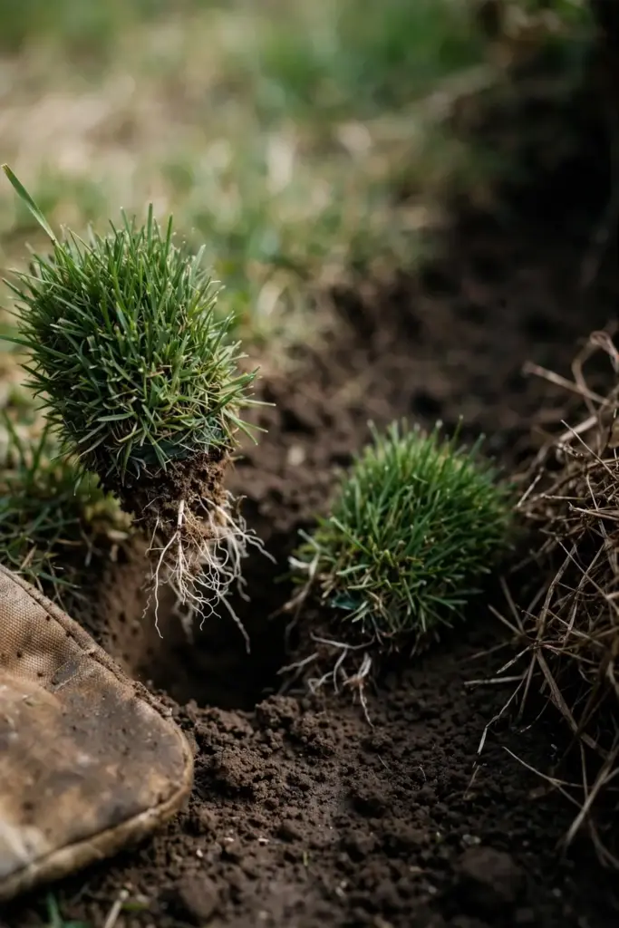 Worn garden mitt setting a green turf plug into a bare patch.