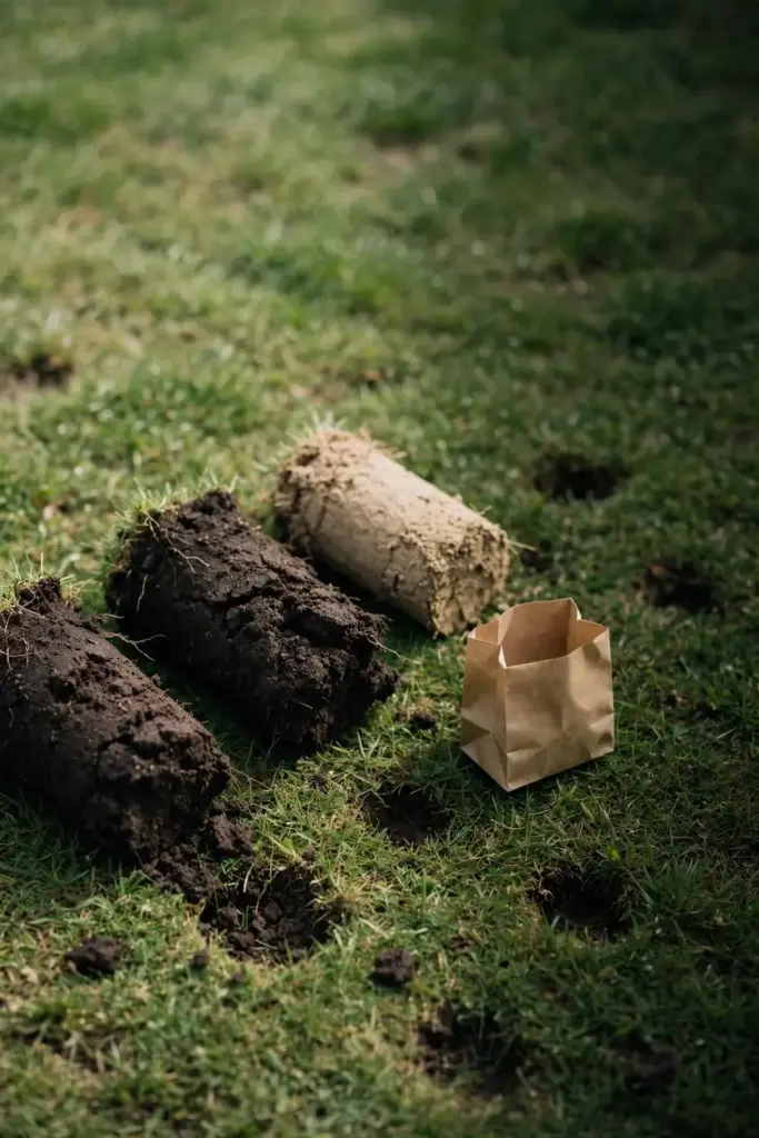 Soil cores laid on lawn grass after a pH soil test.