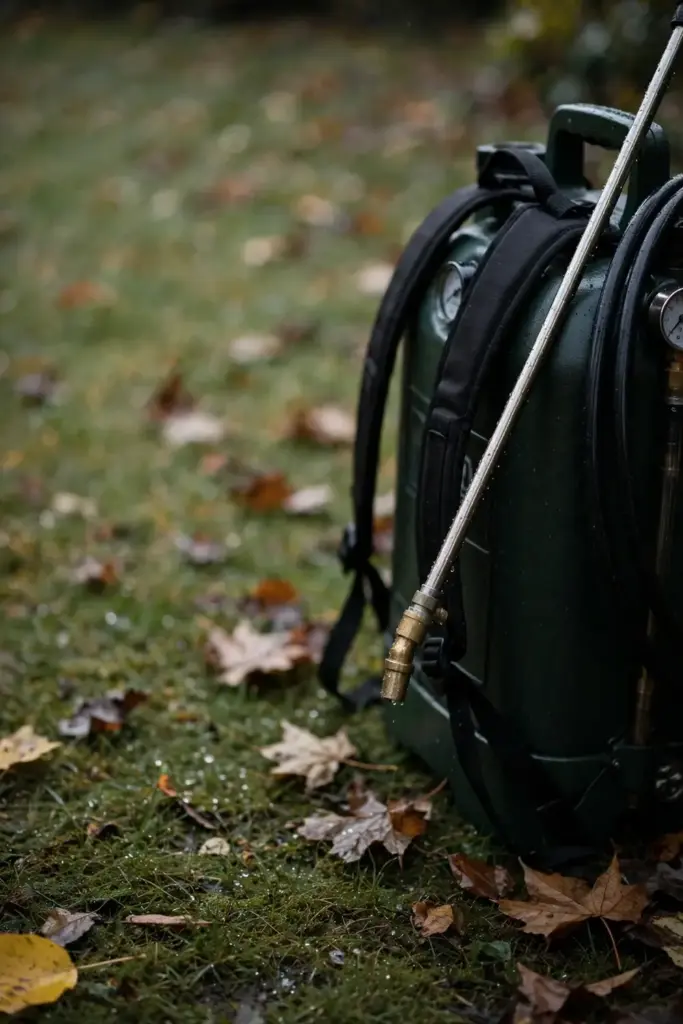 Backpack sprayer standing on a fall lawn beside fallen leaves.