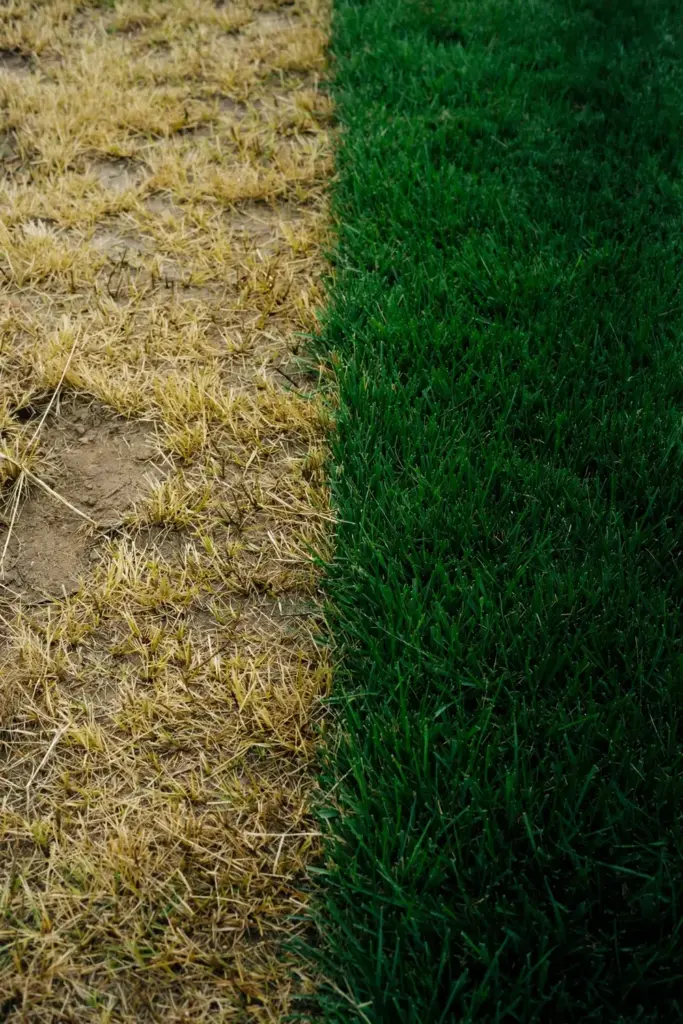 Thinning yellow St. Augustinegrass beside a healthy zoysiagrass strip.