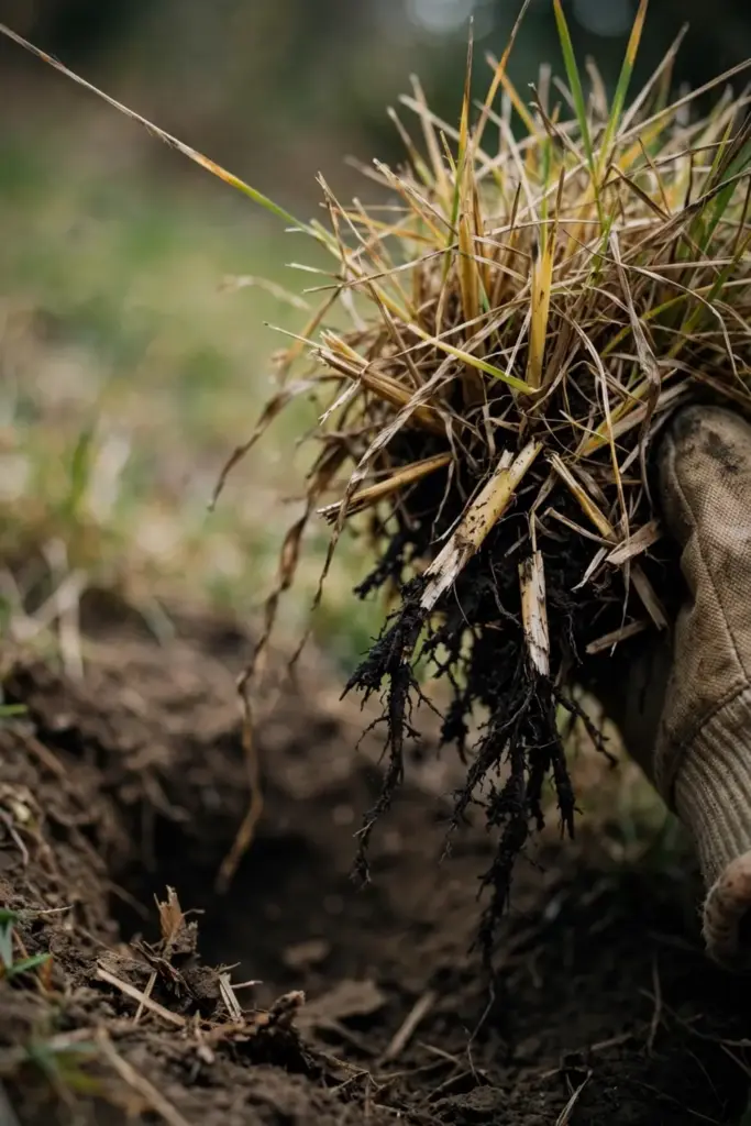 Worn garden mitt pulling yellow St. Augustinegrass with rotted roots.