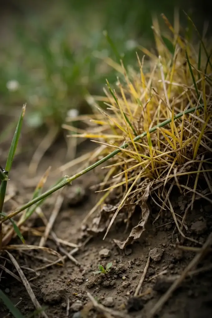 Close-up of a yellow take-all patch with thinning grass and bare soil.