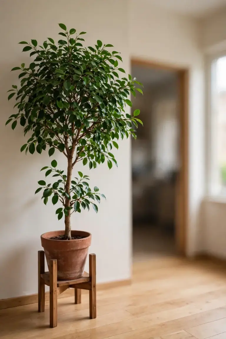 Tall ficus tree elevated on a wooden plant stand above floor level