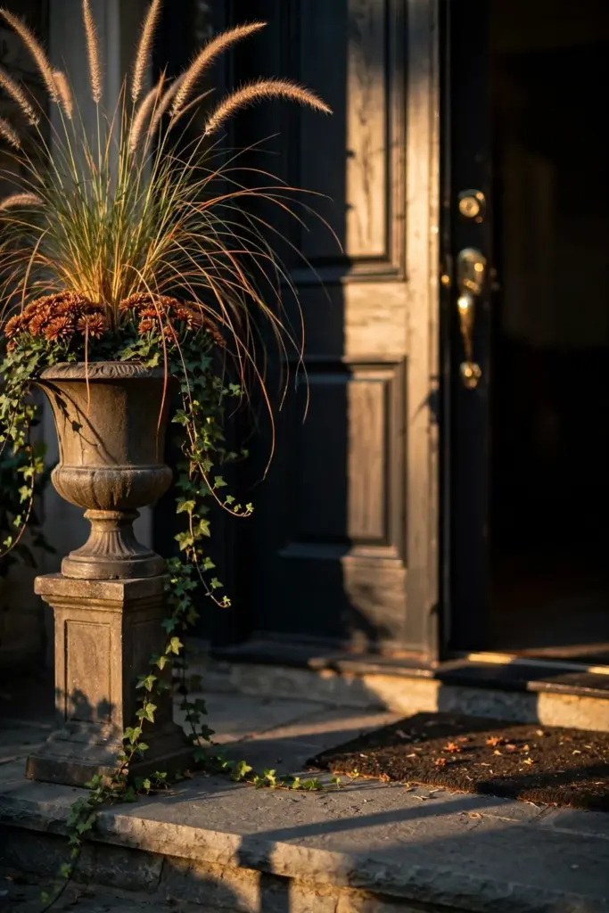 Tall urn with fountain grass and mums beside a front door