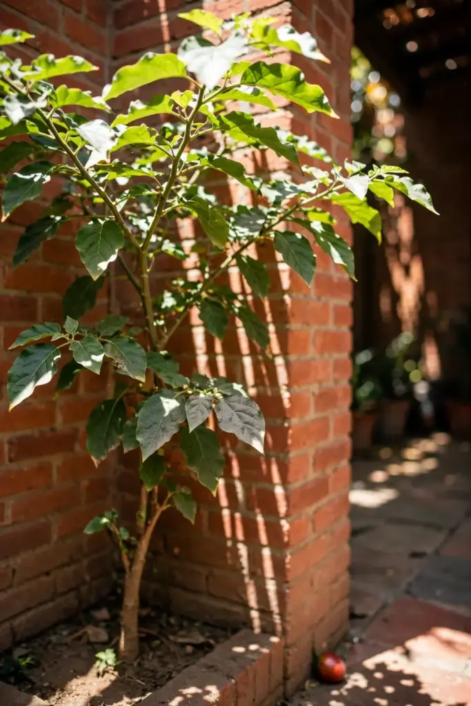 Tamarillo tree in a sheltered sunny corner of a garden
