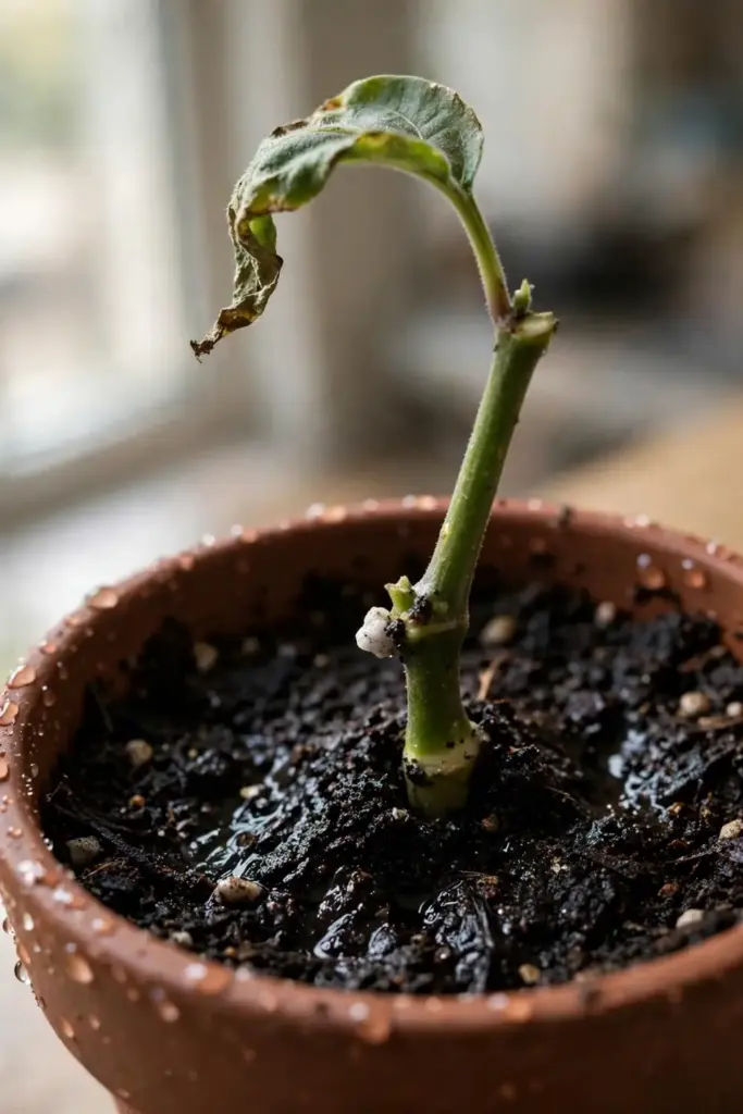 Tamarillo stem cutting pushed into moist potting soil to root