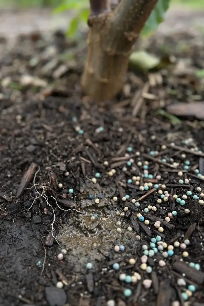 Fertilizer granules scattered around the base of a tamarillo tree