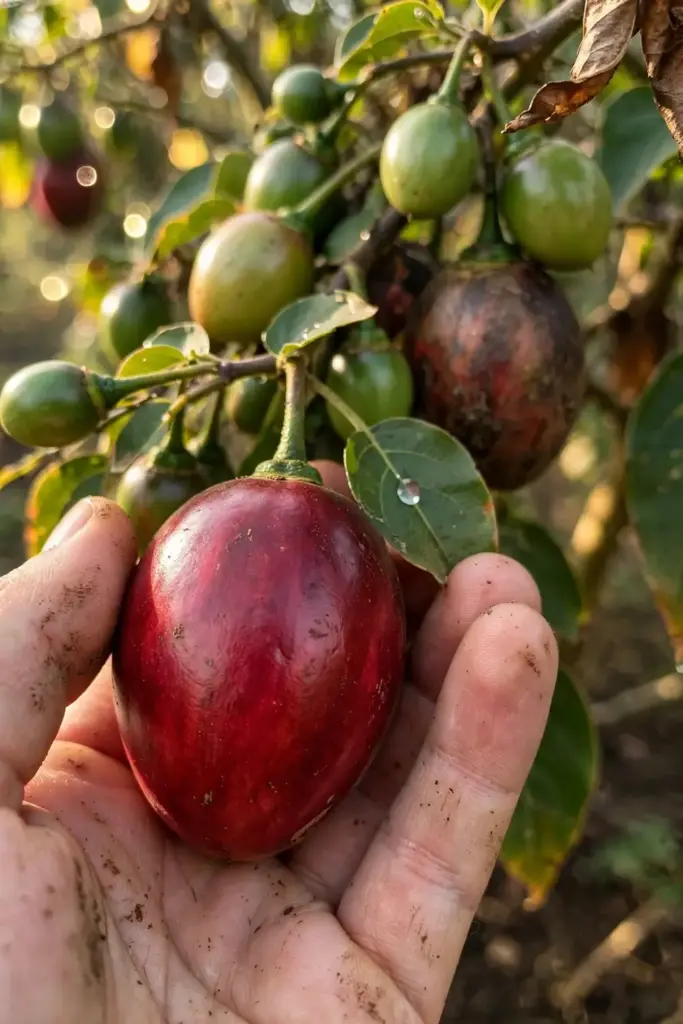 Hand picking a ripe tamarillo fruit from the tree at harvest