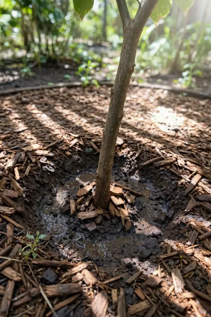Tamarillo tree base with a thick woodchip mulch ring for moisture