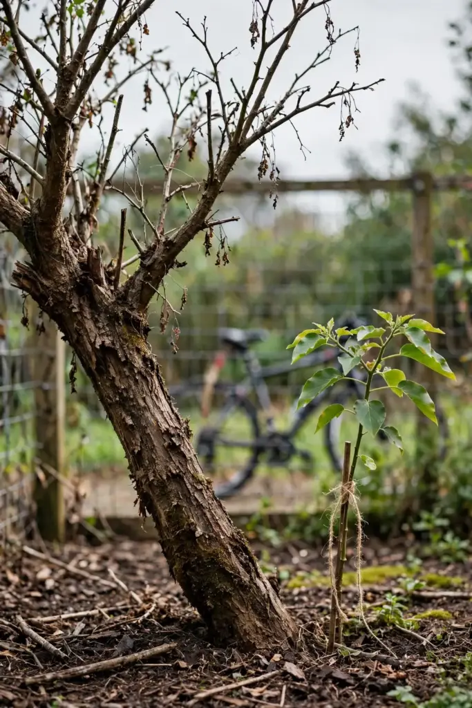 Aging tamarillo tree beside a young replacement tree planted for the replant cycle