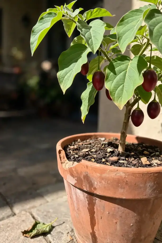 Tamarillo tree growing in a large terracotta pot on a sunny patio