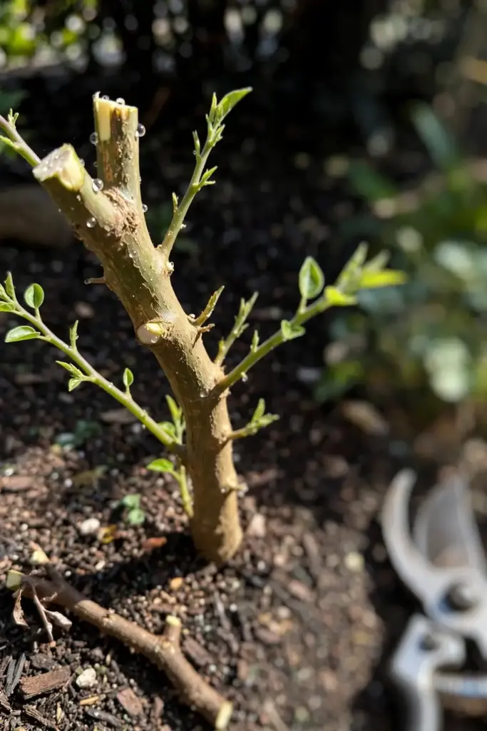 Tamarillo tree with fresh pruning cuts and compact branching after yearly prune