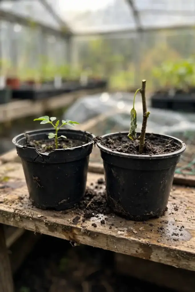 Tamarillo seedling in a pot beside a fresh stem cutting for propagation comparison