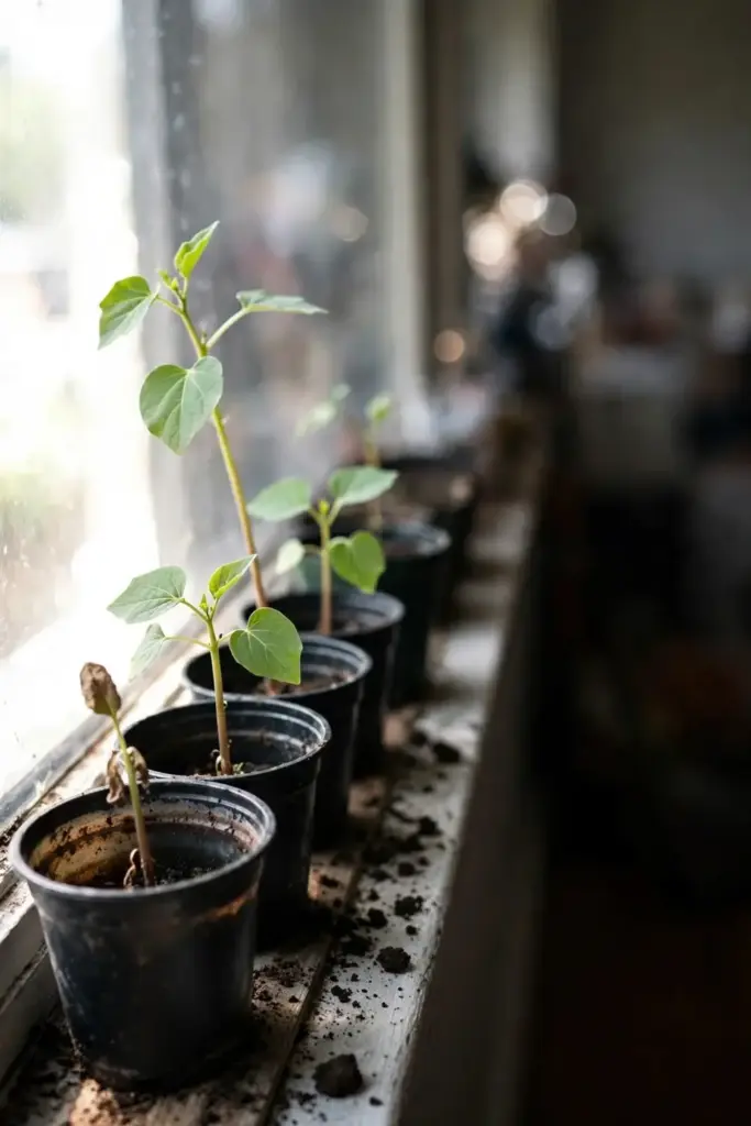 Young tamarillo seedlings growing in small pots on a bright windowsill