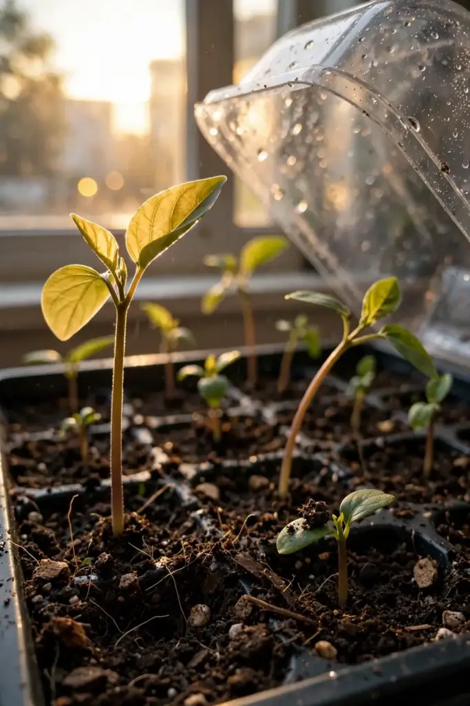 Tamarillo seedlings sprouting in a seed tray under a humidity cover