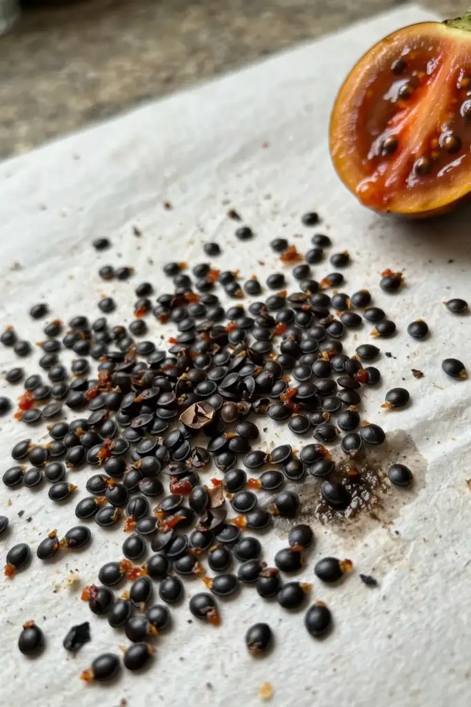 Black tamarillo seeds spread on paper to dry after washing