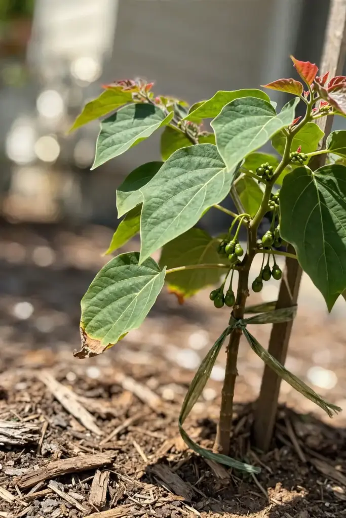 Young tamarillo tree with first fruit forming, showing its fast 18-month growth