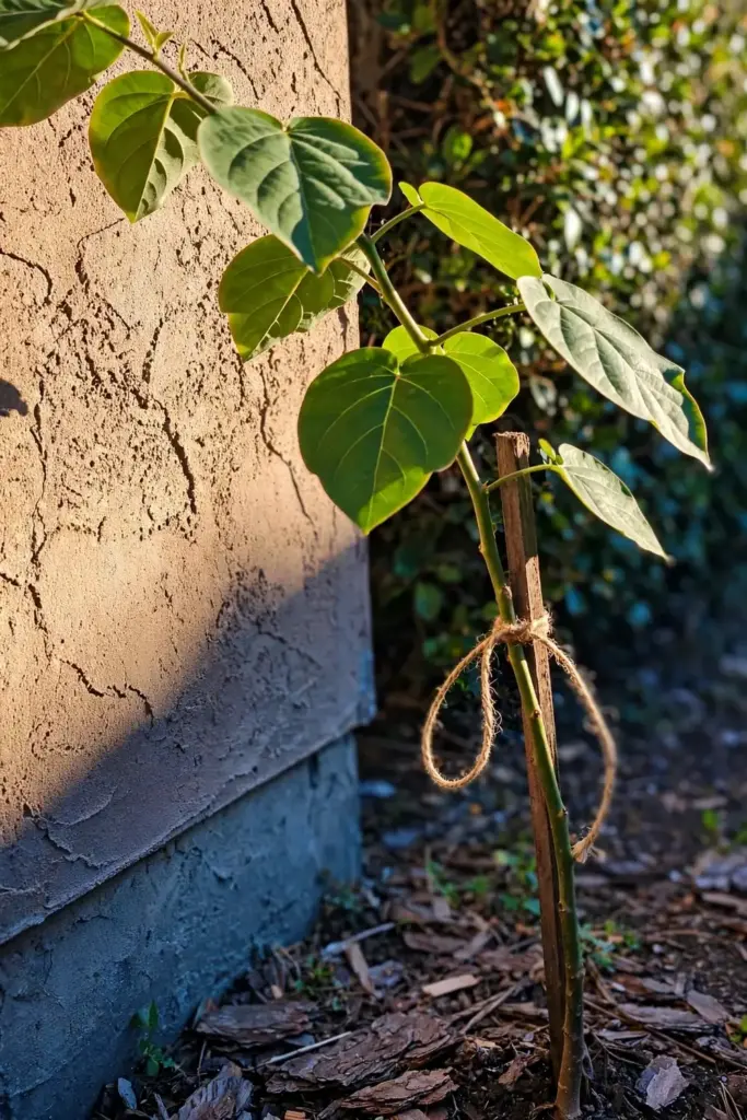 Young tamarillo tree staked against a sunny wall for wind protection