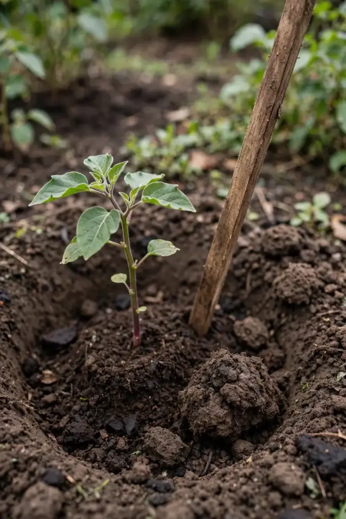 Tamarillo transplanted into a wide planting hole enriched with compost