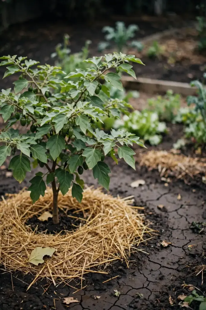 Tamarillo tree in a sunny home garden with rich soil and mulch