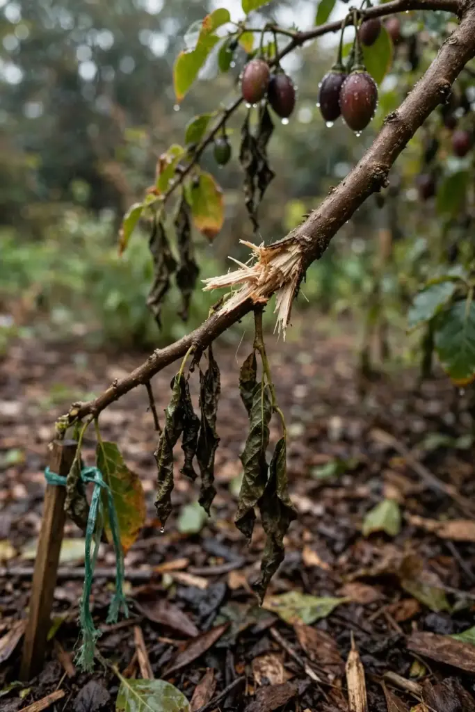 Tamarillo branch wilted after storm damage, a common troubleshooting issue