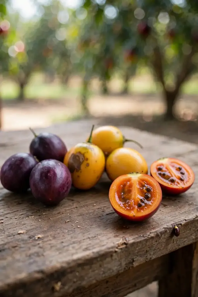 Red, yellow and purple tamarillo varieties arranged for comparison