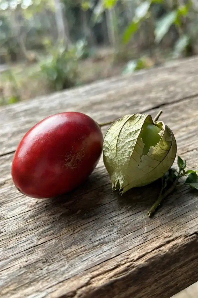 Tamarillo fruit beside a tomatillo with husk for plant identification comparison