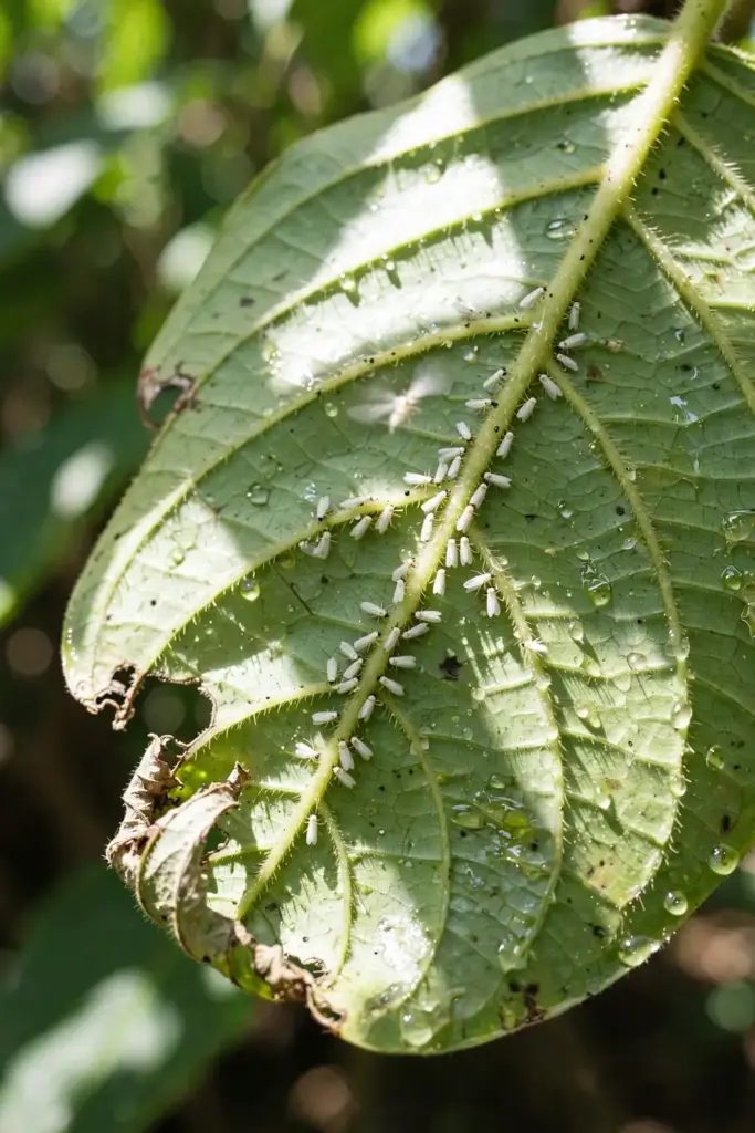 Whitefly insects clustered under a tamarillo leaf