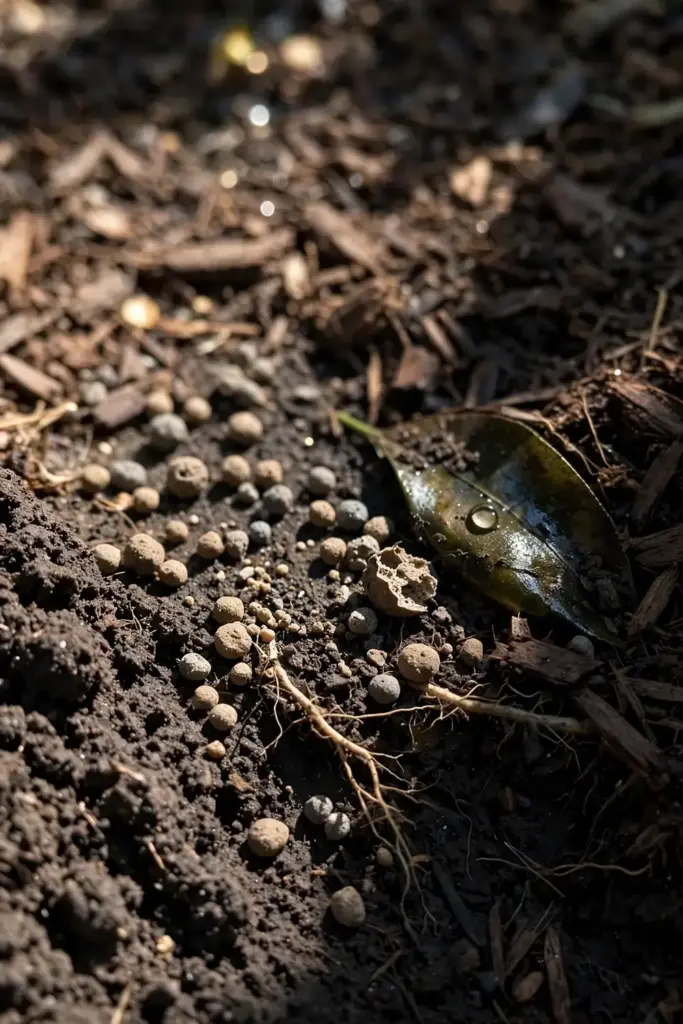 Citrus fertilizer granules scattered at a tangelo drip line on soil