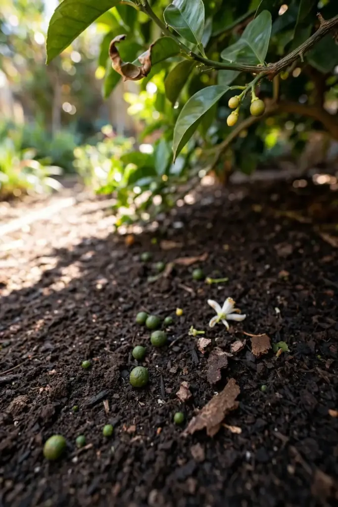 Tangelo tree with dropped fruitlets on the mulch below the branches