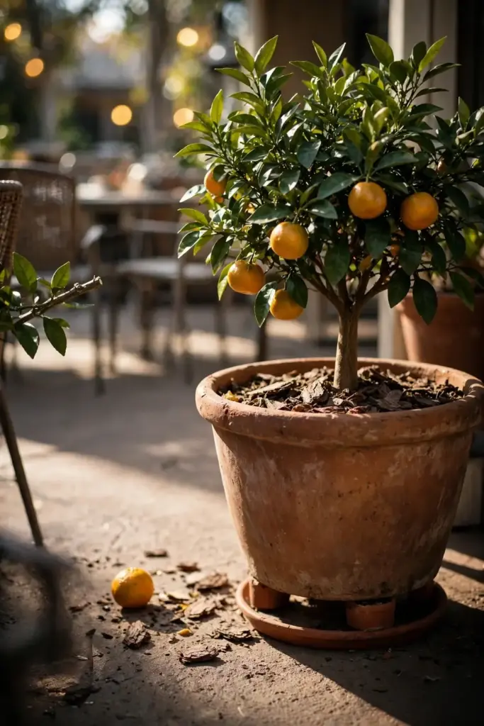 Dwarf tangelo tree in a large terracotta pot on a sunny patio