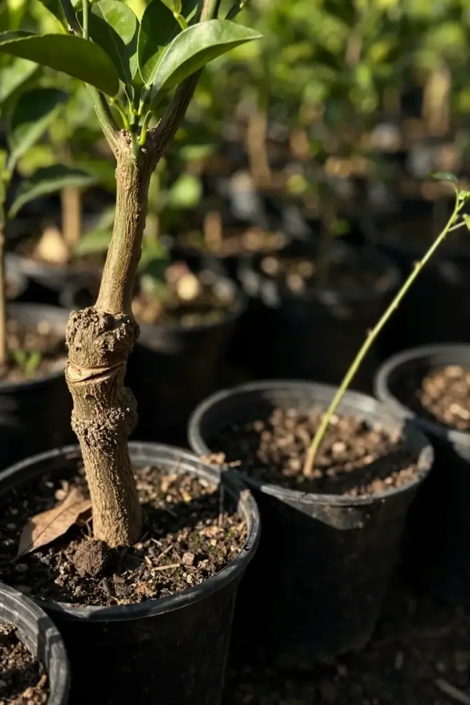 Grafted tangelo sapling with knobby union beside a slender seedling