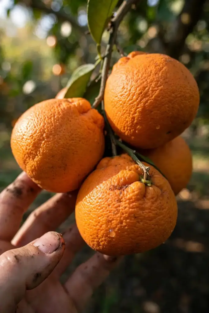 Hand cradling ripe tangelos still on the branch at harvest time