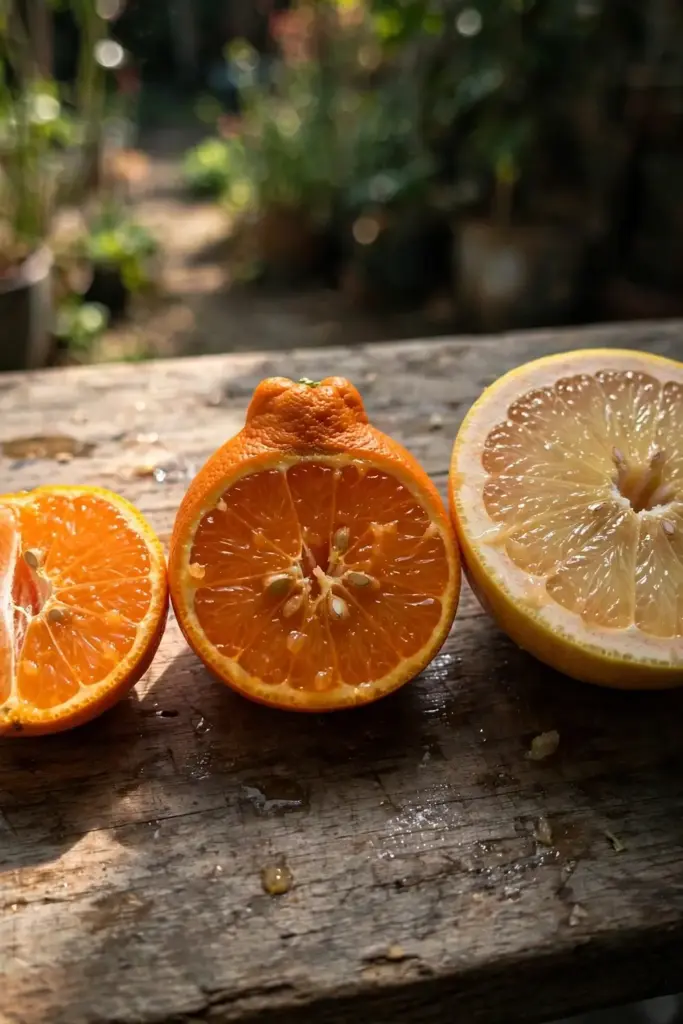 Halved tangelo beside mandarin and grapefruit halves showing hybrid traits