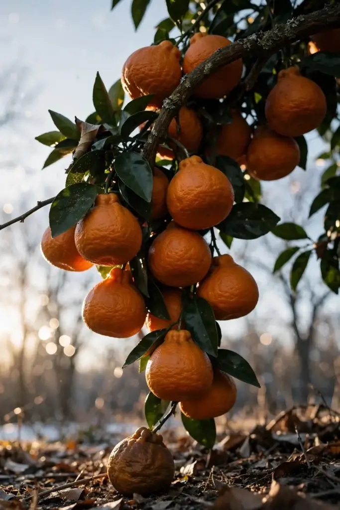 Tangelo branch laden with ripe fruit against a bright winter sky