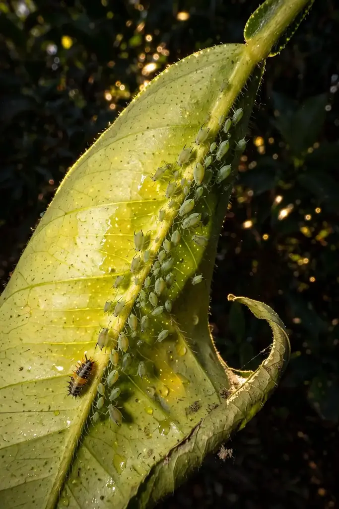 Tangelo leaf underside with aphids clustered along the central vein