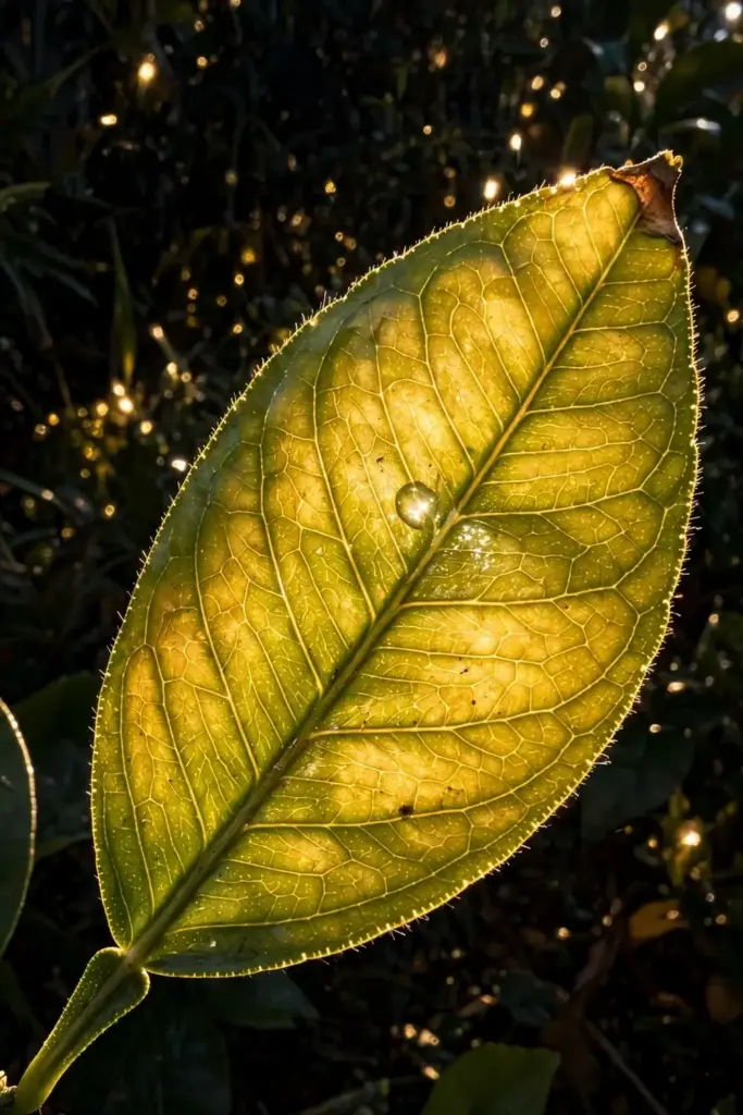 Tangelo leaf backlit showing vein detail and a single water bead