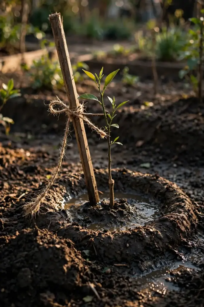 Newly planted tangelo sapling on a slight mound with watering basin