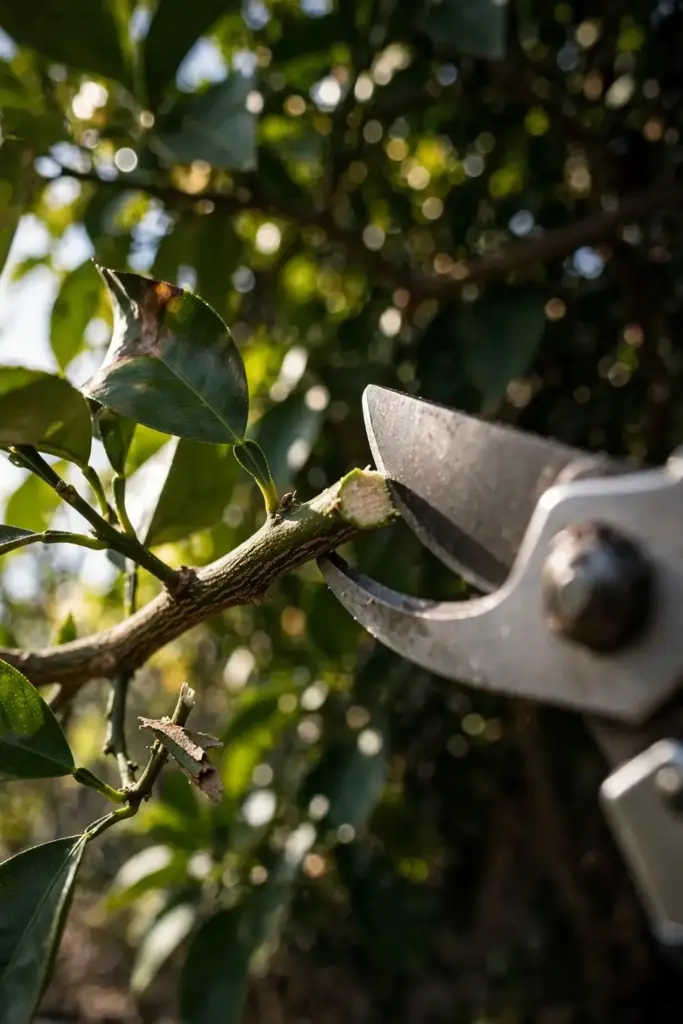 Pruning shears trimming a small crossing branch on a tangelo tree