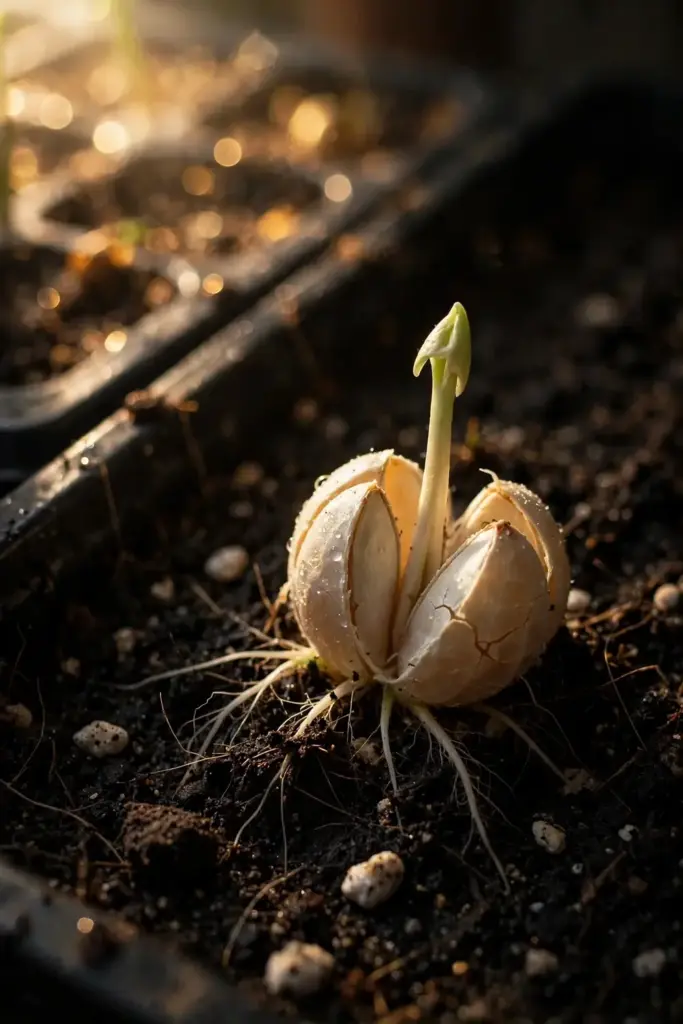 Tangelo seed sprouting with pale shoot and rootlets in moist seed mix