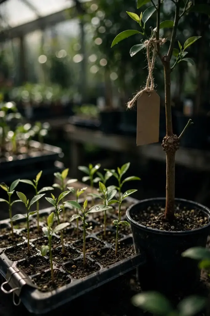 Tangelo seedling tray beside a grafted nursery sapling with graft scar