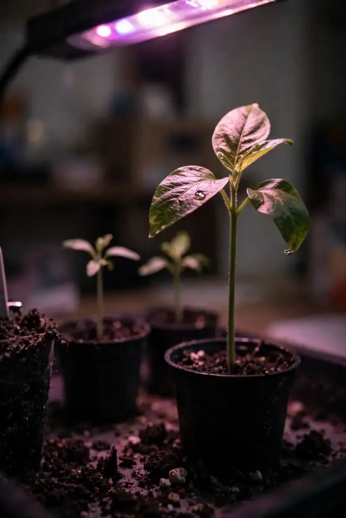 Tangelo seedlings at successive stages under a small grow light