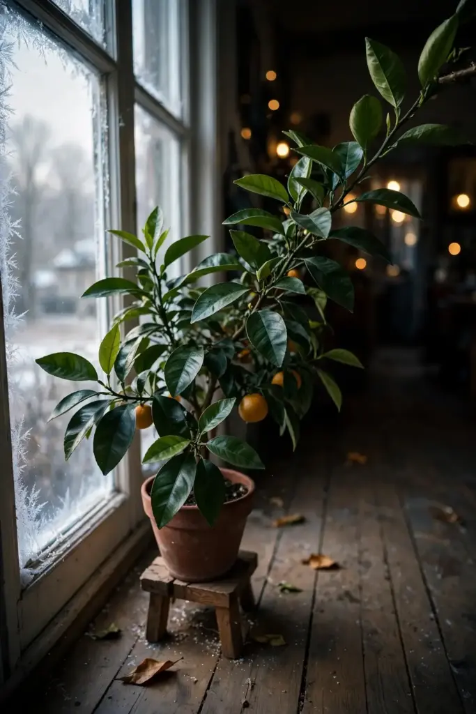 Potted tangelo tree by a bright south-facing window for winter indoors