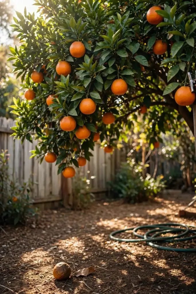 Mature tangelo tree with ripe fruit in a warm-climate backyard garden