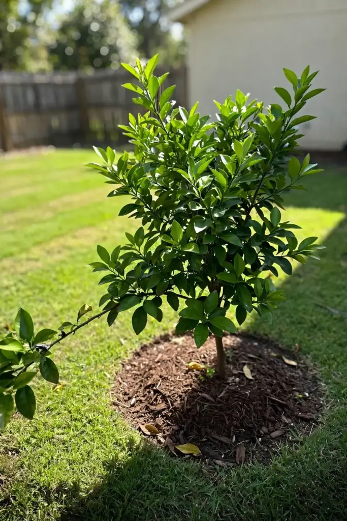 Young tangelo tree with clear spacing from a house wall in a sunny yard