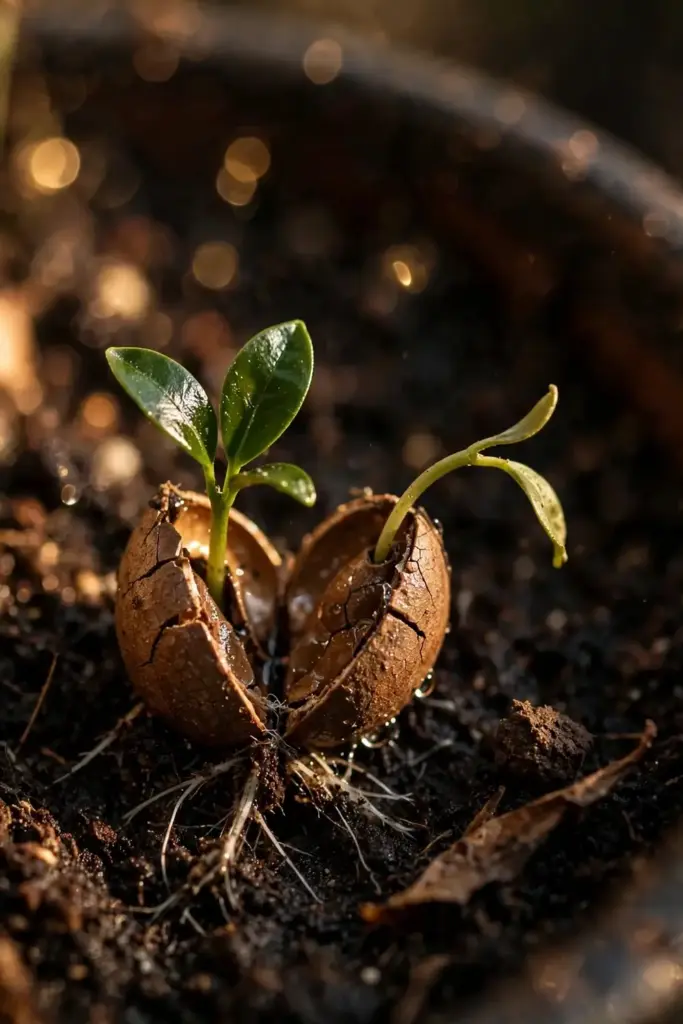 Twin tangelo seedlings sprouting from a single seed showing polyembryony
