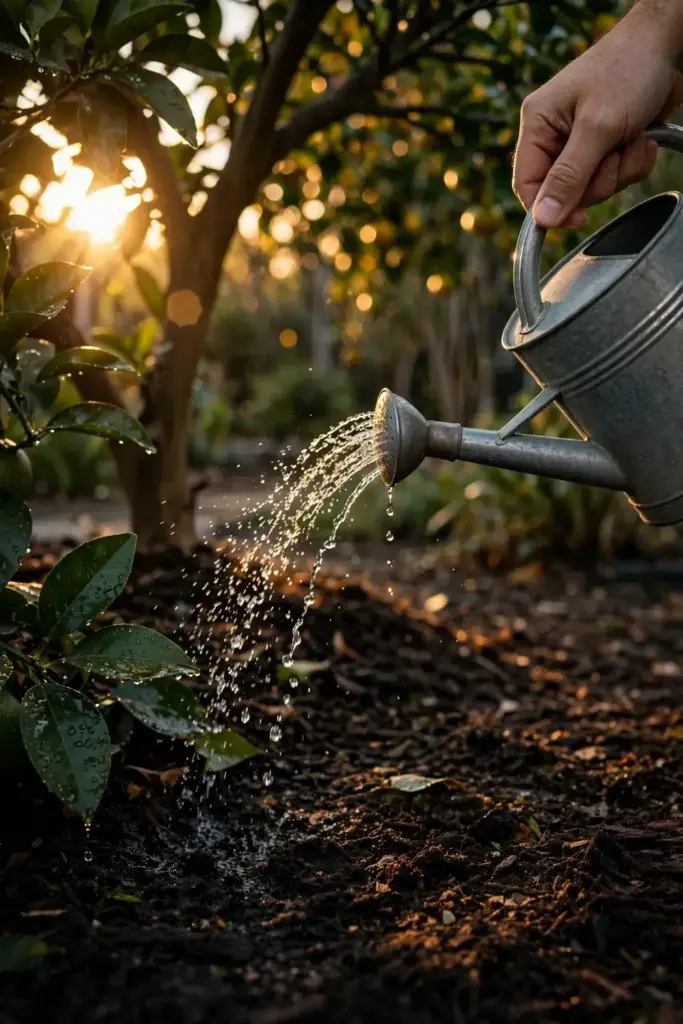 Hand tipping a watering can over a tangelo tree root zone at low sun