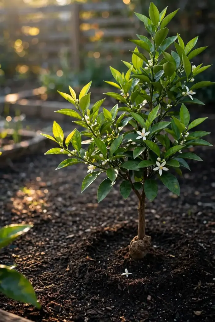 Young tangelo tree in a tidy mulched bed with visible graft union