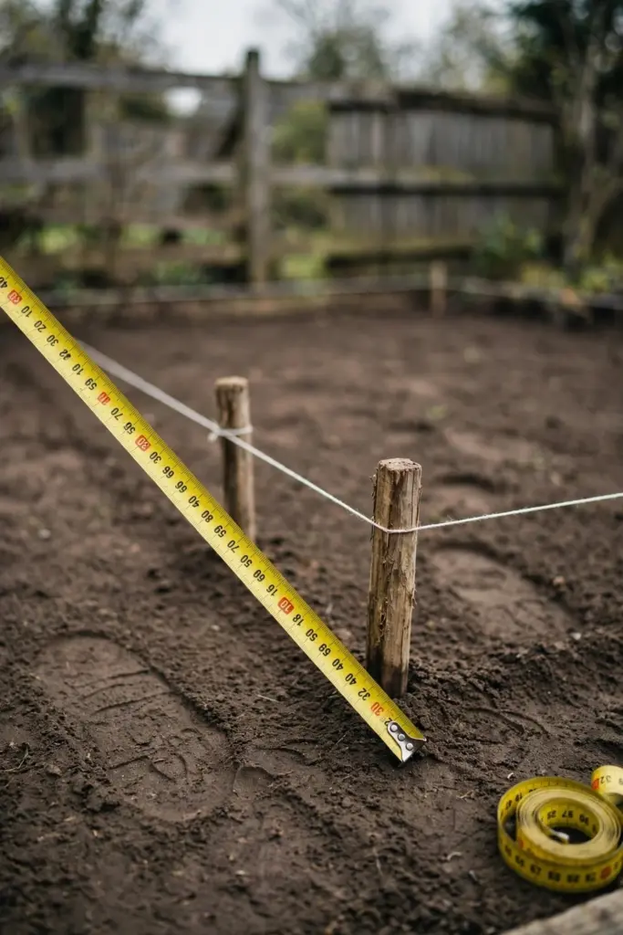 Tape measure stretched across a bare lawn bed with pegs and string line