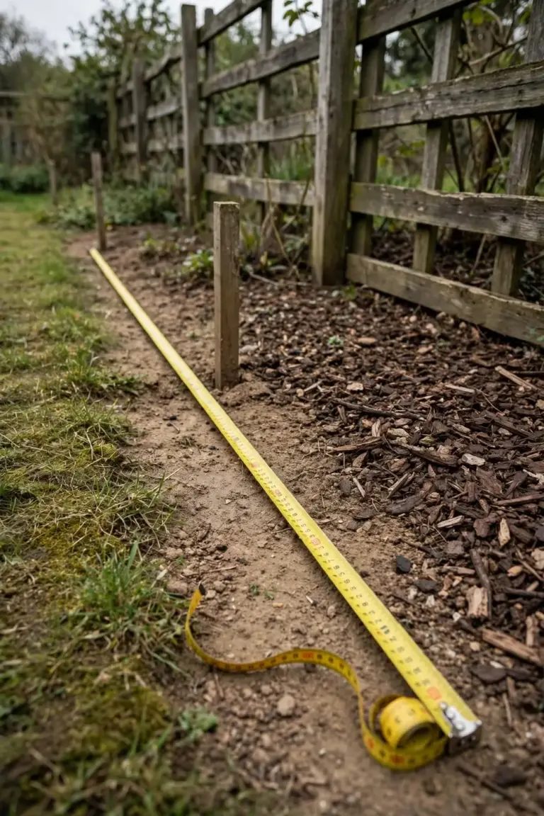 Yellow tape measure stretched along a garden boundary beside a timber fence
